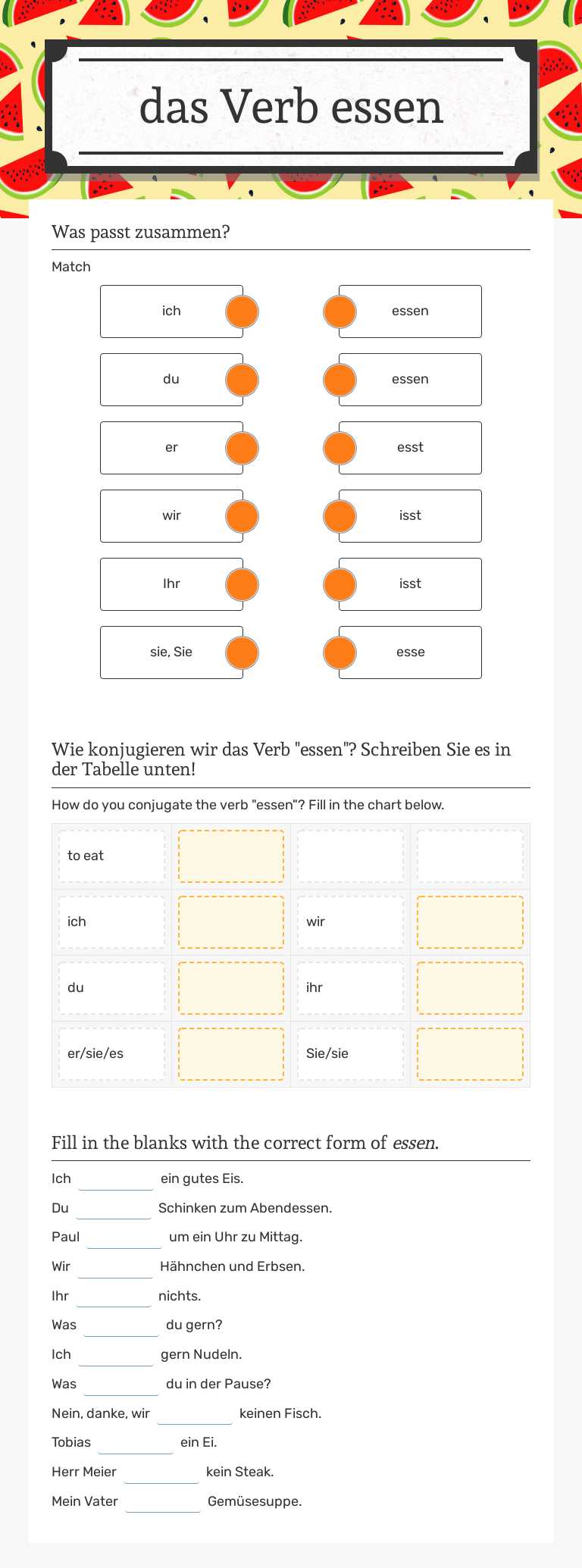 das Verb essen worksheet preview image