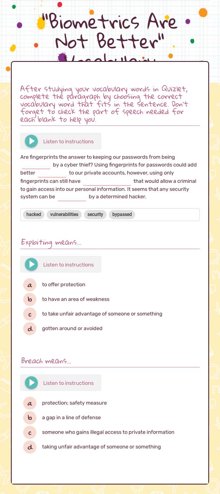 "Biometrics Are Not Better" Vocabulary worksheet preview image