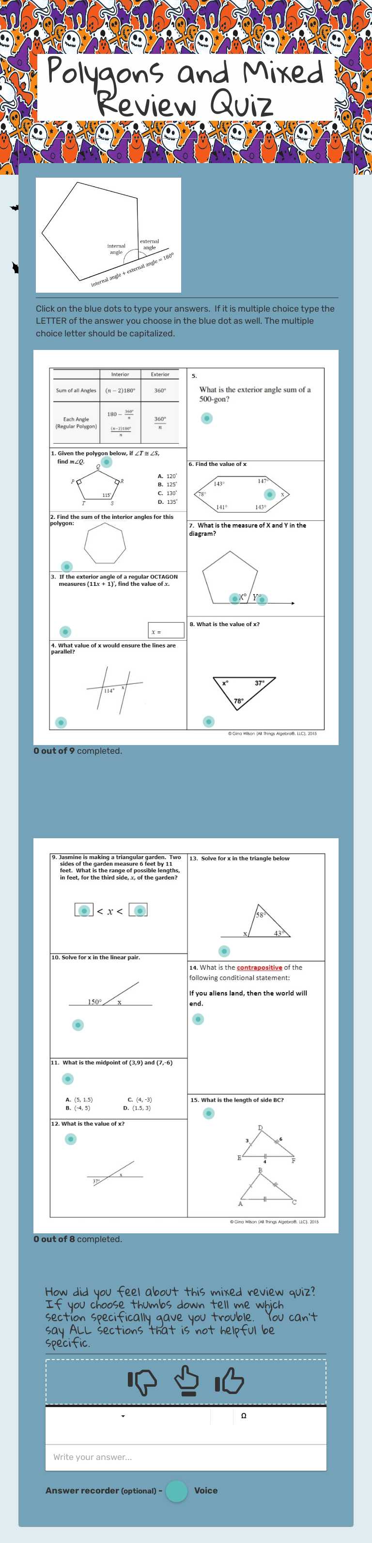 Polygons and Mixed Review Quiz worksheet preview image