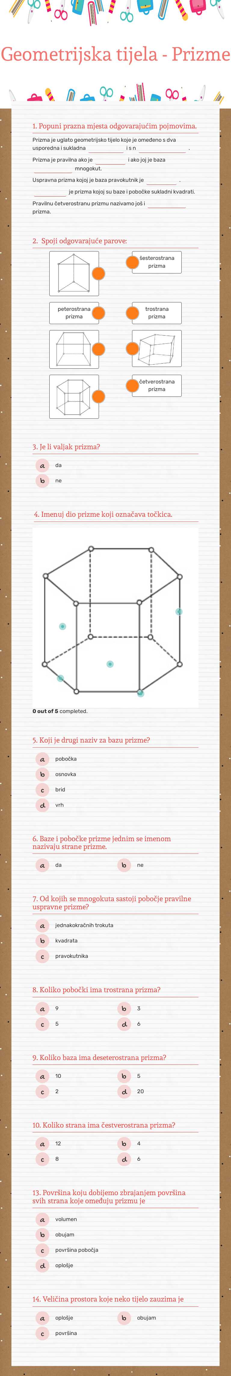 Geometrijska tijela - Prizme Grade 8 worksheet preview
