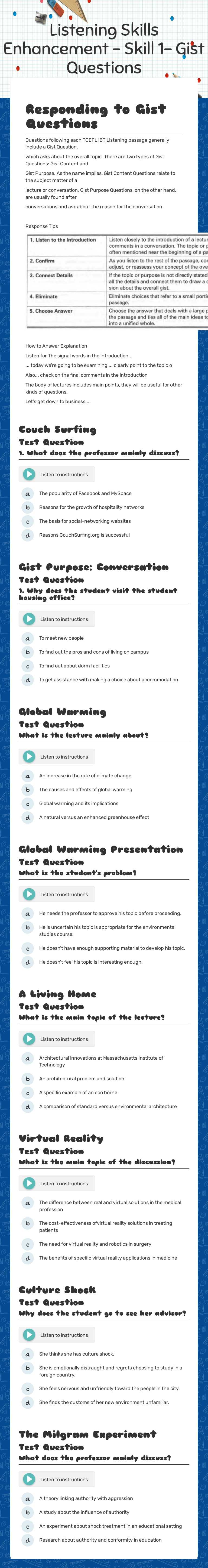 Listening Skills Enhancement - Skill 1- Gist Questions worksheet preview image