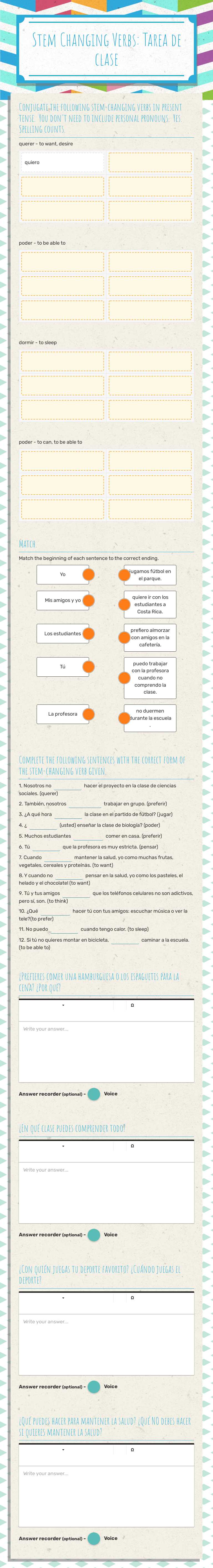 Stem Changing Verbs: Tarea de clase Grade 9 worksheet preview