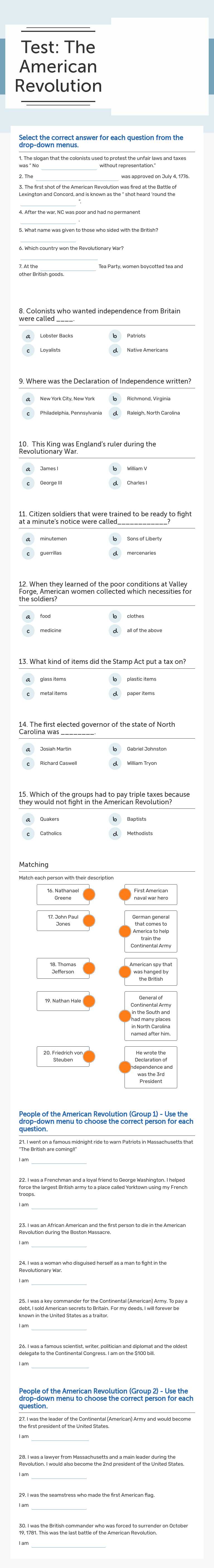 Test: The American Revolution Grade 8 worksheet preview