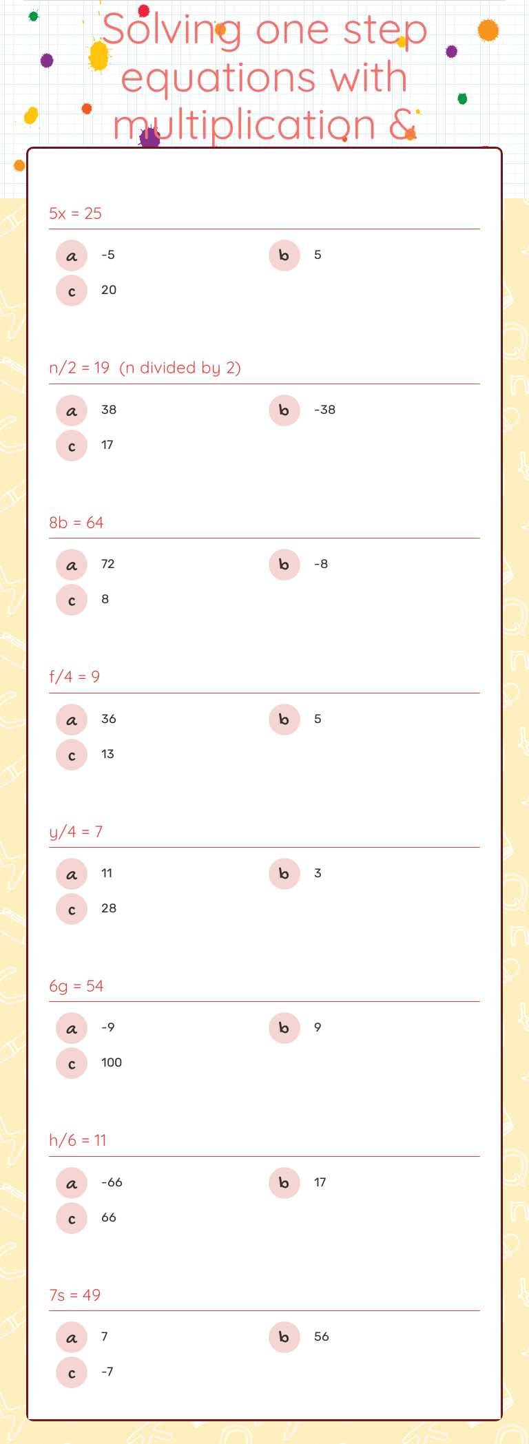 Solving one step equations with multiplication & division worksheet preview image