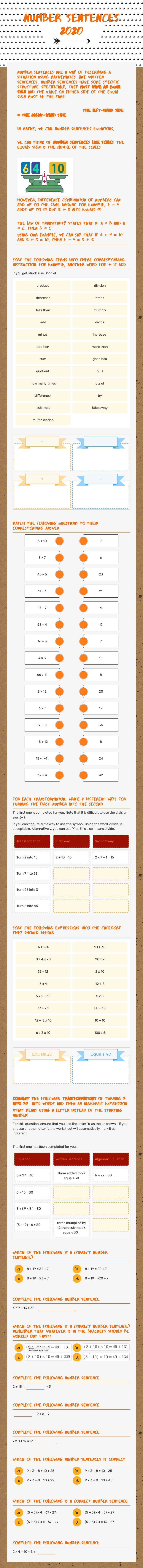 Number Sentences 2020 Grade 7 worksheet preview