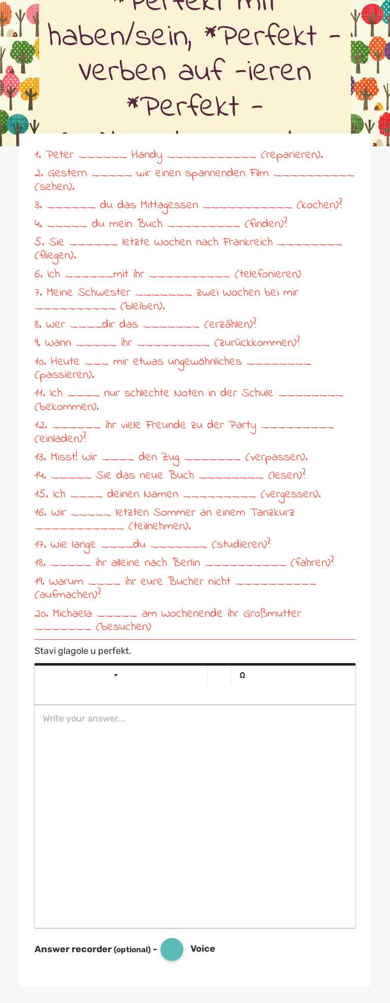 *Perfekt mit haben/sein, 
  *Perfekt - Verben auf       
-ieren               
 *Perfekt - (un)trennbare Verben worksheet preview image