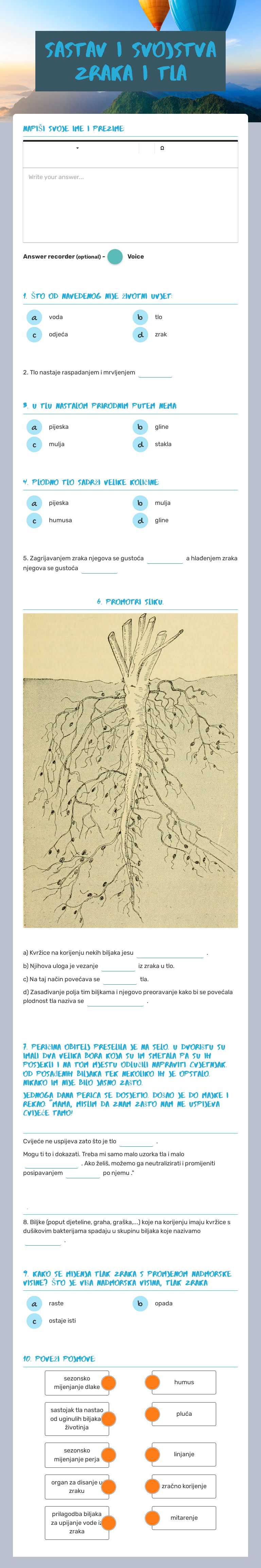 SASTAV I SVOJSTVA ZRAKA I TLA worksheet preview image