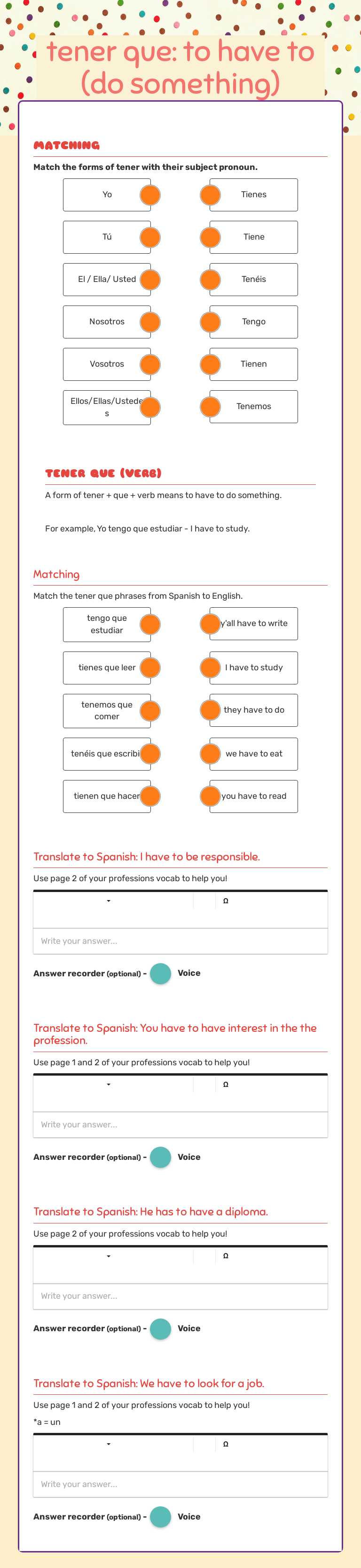 tener que: to have to (do something) Grade 8 worksheet preview