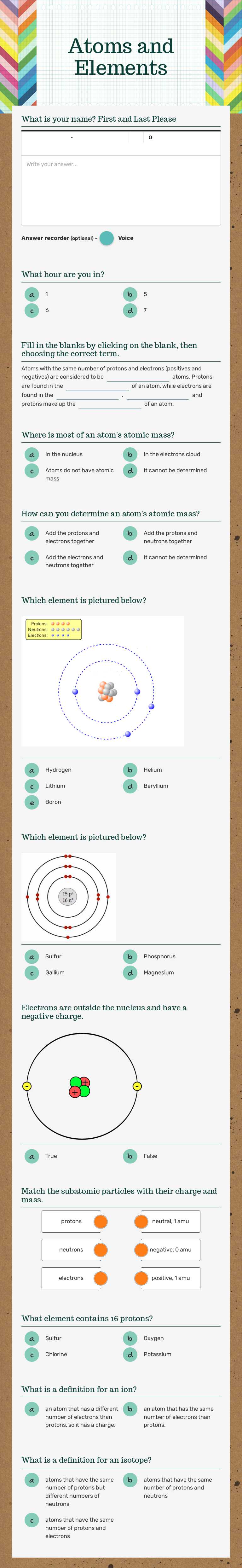 Atoms and Elements worksheet preview image