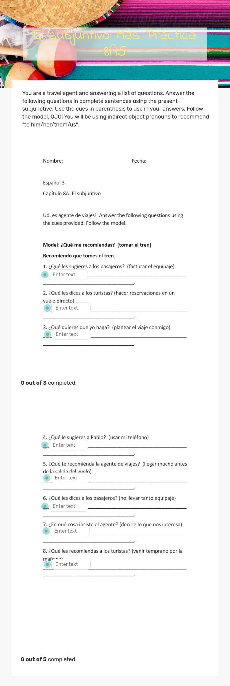 El subjuntivo: Más Práctica 8A5 worksheet preview image