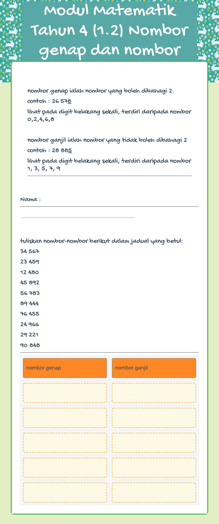 Modul Matematik Tahun 4 (1.2) Nombor genap dan nombor ganjil worksheet preview image
