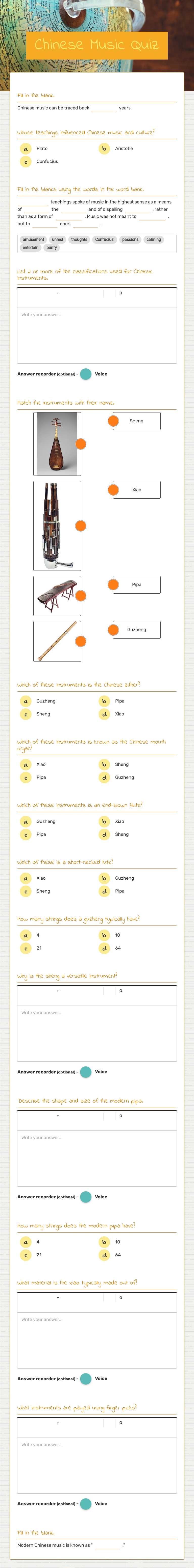 Chinese Music Quiz worksheet preview image