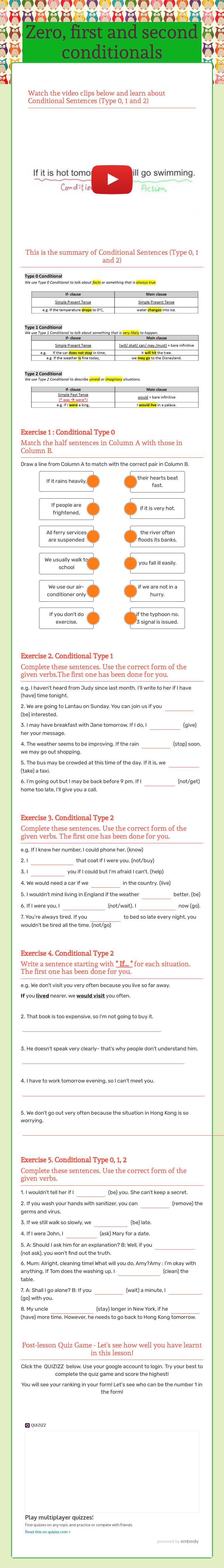Zero, first and second conditionals worksheet preview image