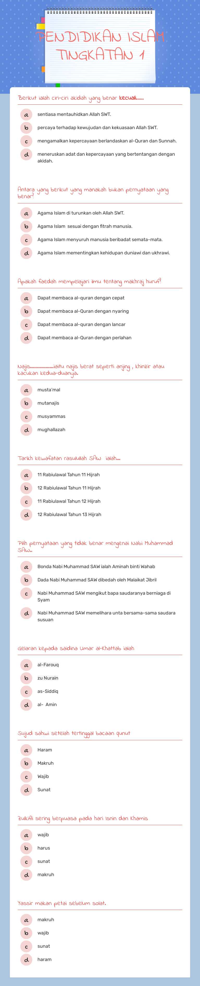 PENDIDIKAN ISLAM TINGKATAN 1 worksheet preview image