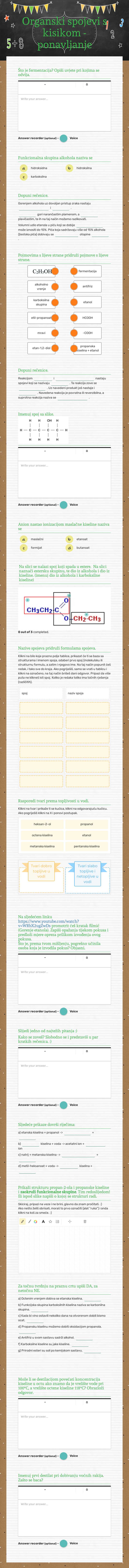 Organski spojevi s kisikom - ponavljanje Grade 8 worksheet preview