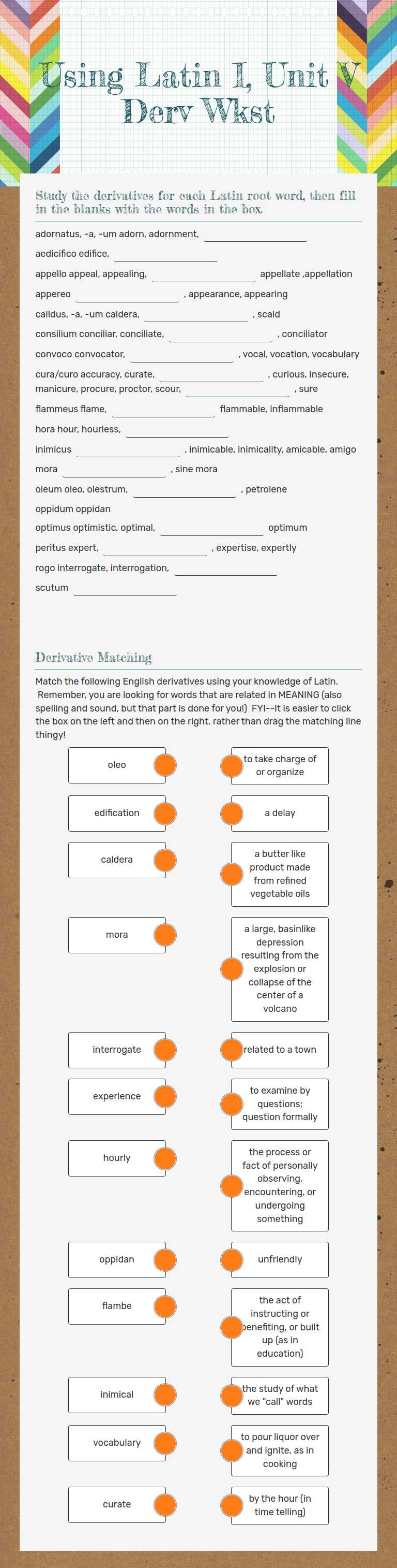 Using Latin I, Unit V Derv Wkst worksheet preview image