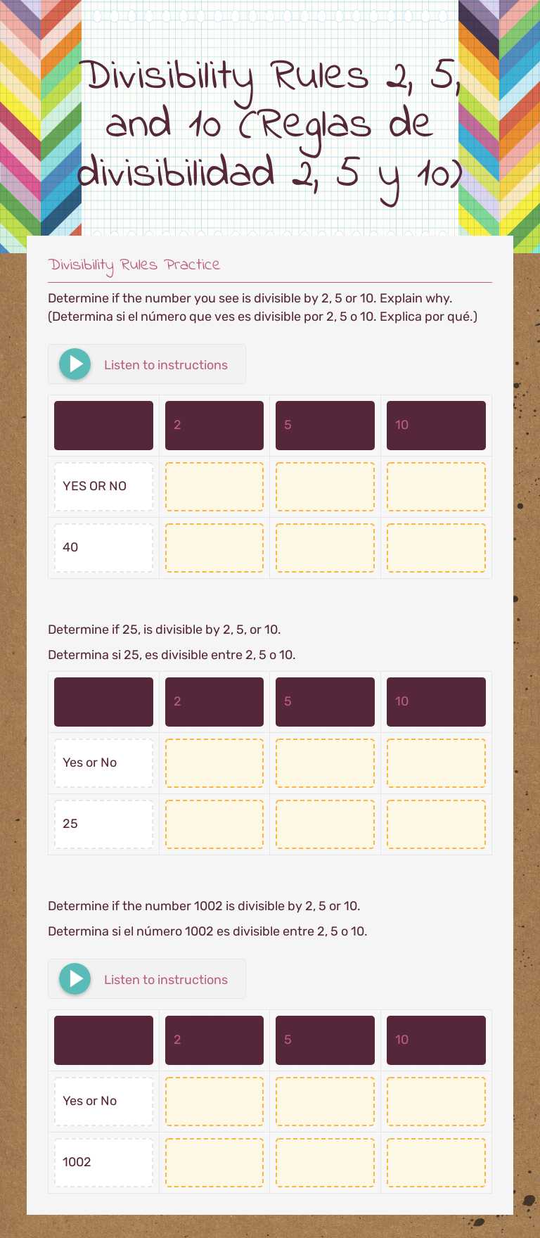 Divisibility Rules 2, 5, and 10 (Reglas de divisibilidad 2, 5 y 10) Grade 6 worksheet preview