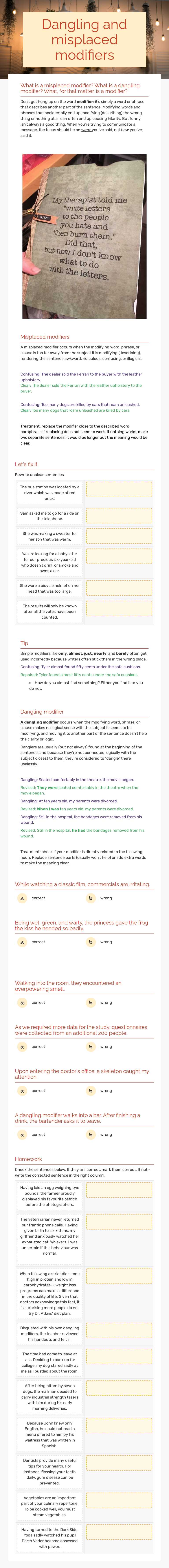 Dangling and misplaced modifiers Grade 10 worksheet preview