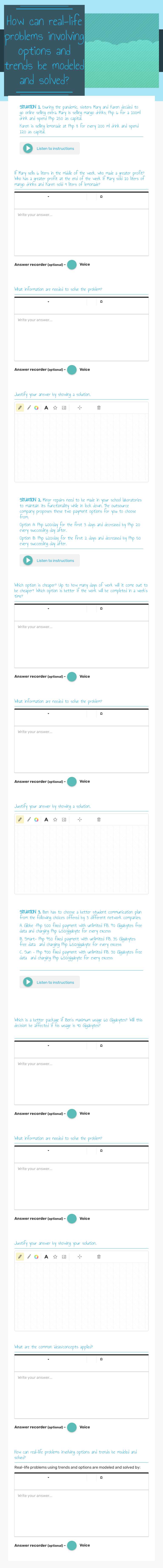 How can real-life problems involving options and trends be modeled and solved? Grade 8 worksheet preview