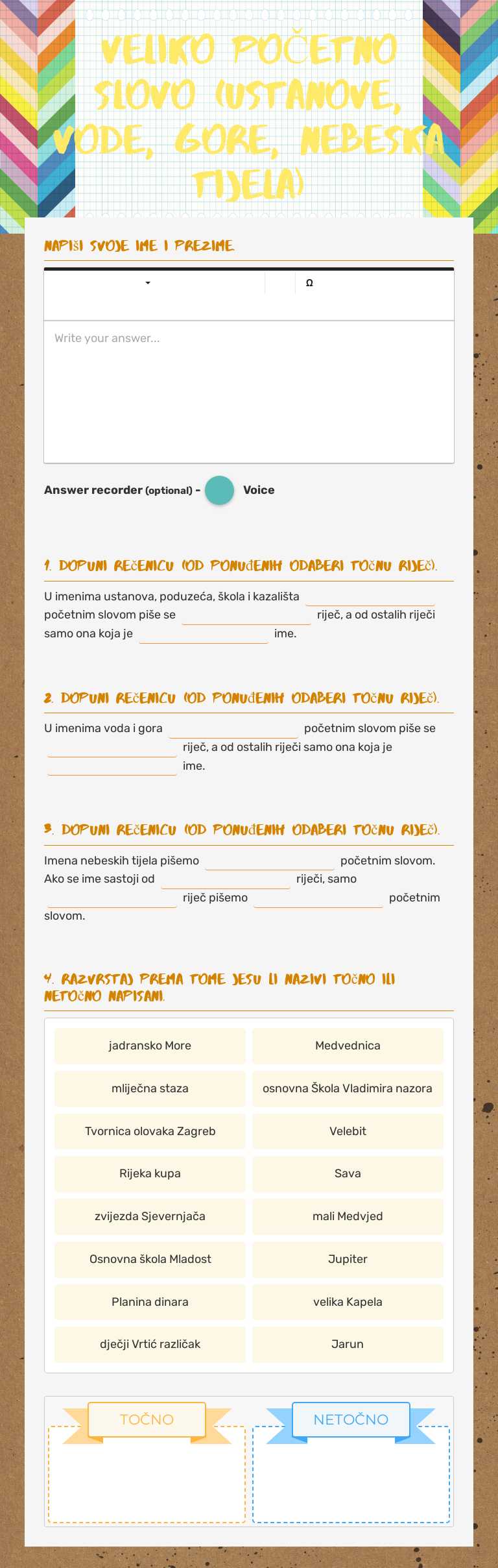 VELIKO POČETNO SLOVO (USTANOVE, VODE, GORE, NEBESKA TIJELA) Grade 3 worksheet preview