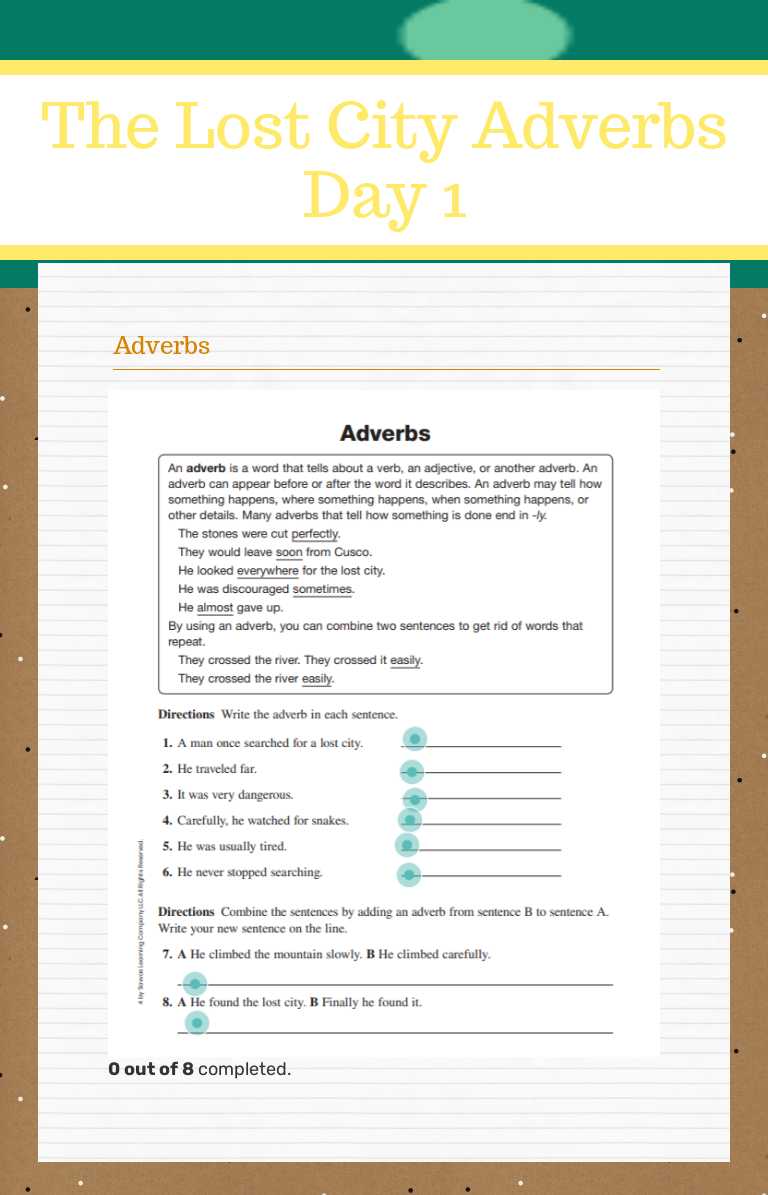 The Lost City Adverbs Day 1 Grade 4 worksheet preview