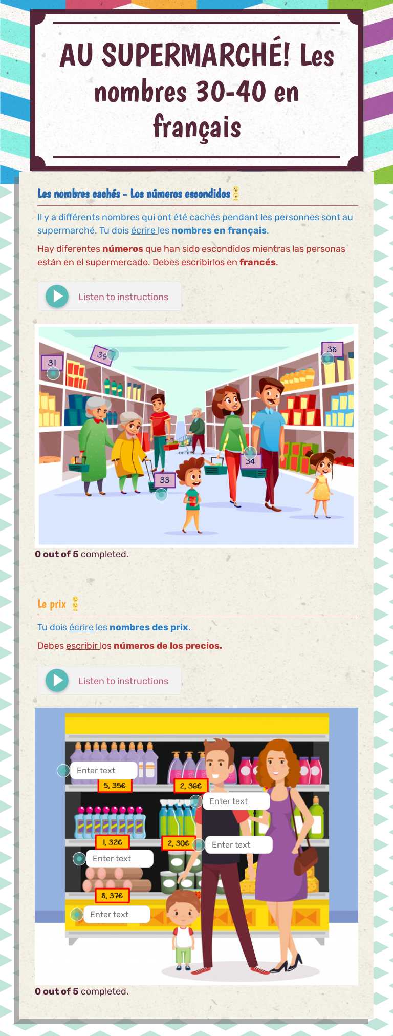 AU SUPERMARCHÉ! Les nombres 30-40 en français worksheet preview image