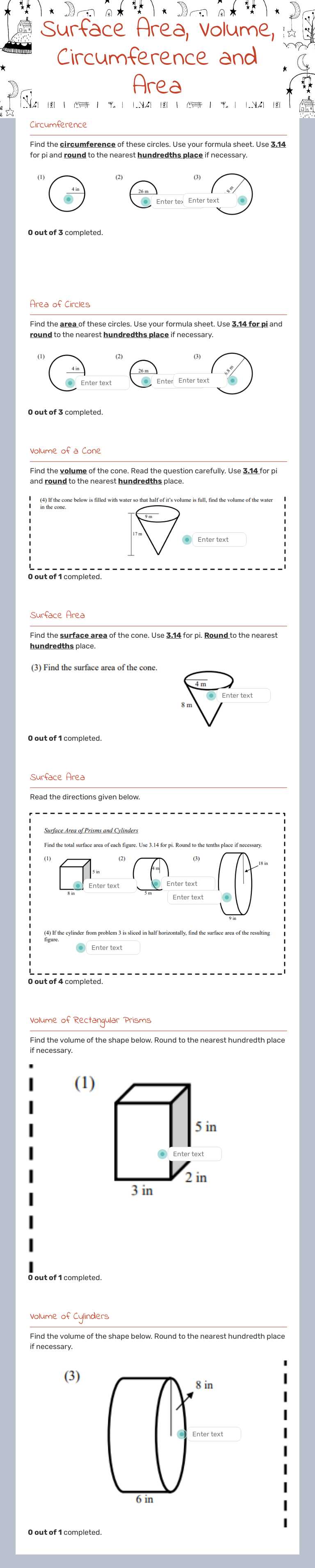 Surface Area, Volume, Circumference and Area worksheet preview image