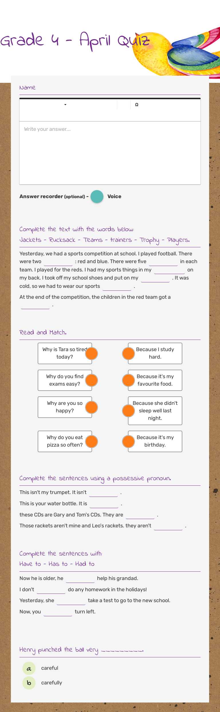 Grade 4 - April Quiz worksheet preview image