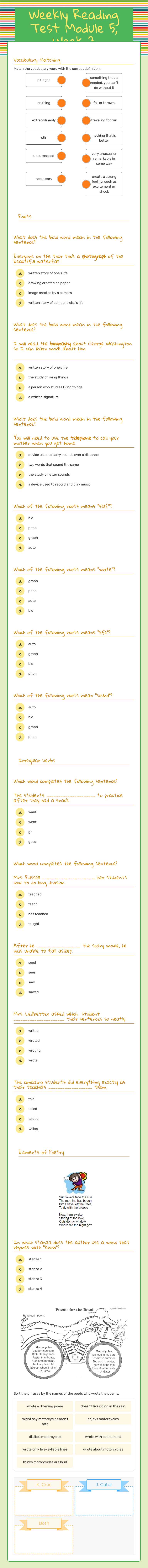 Weekly Reading Test Module 5, Week 3 worksheet preview image