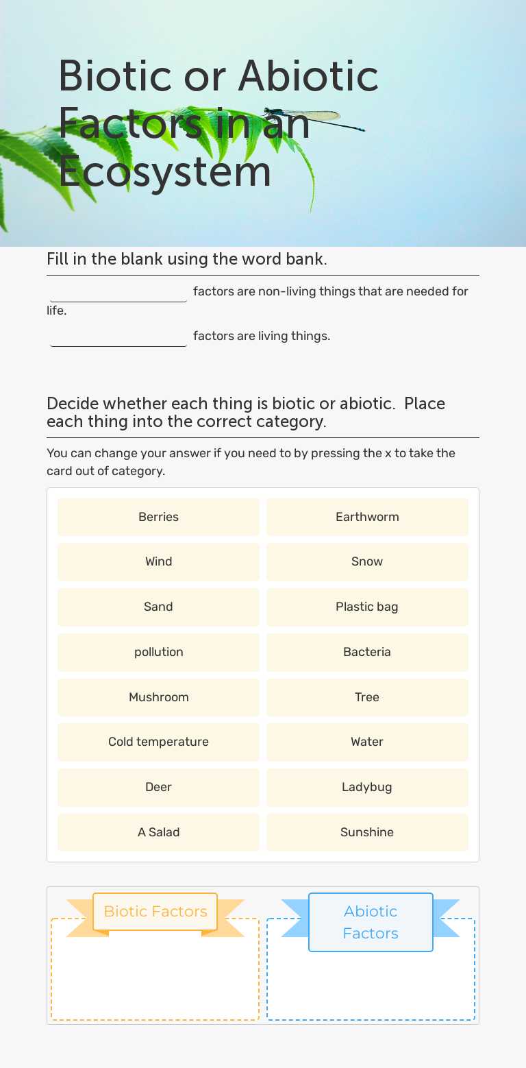 Biotic or Abiotic Factors in an Ecosystem Grade 6 worksheet preview