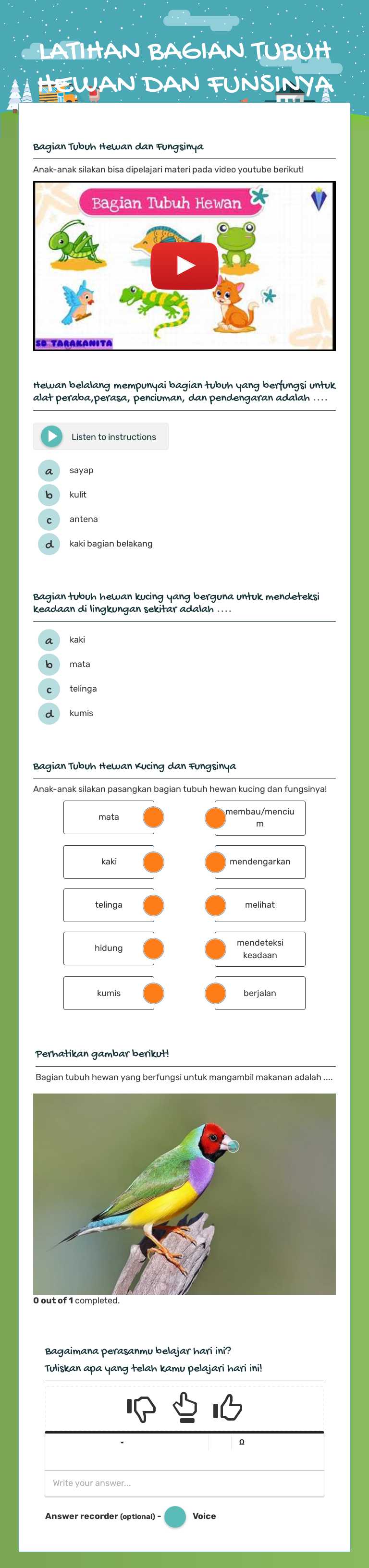 LATIHAN BAGIAN TUBUH HEWAN DAN FUNSINYA worksheet preview image