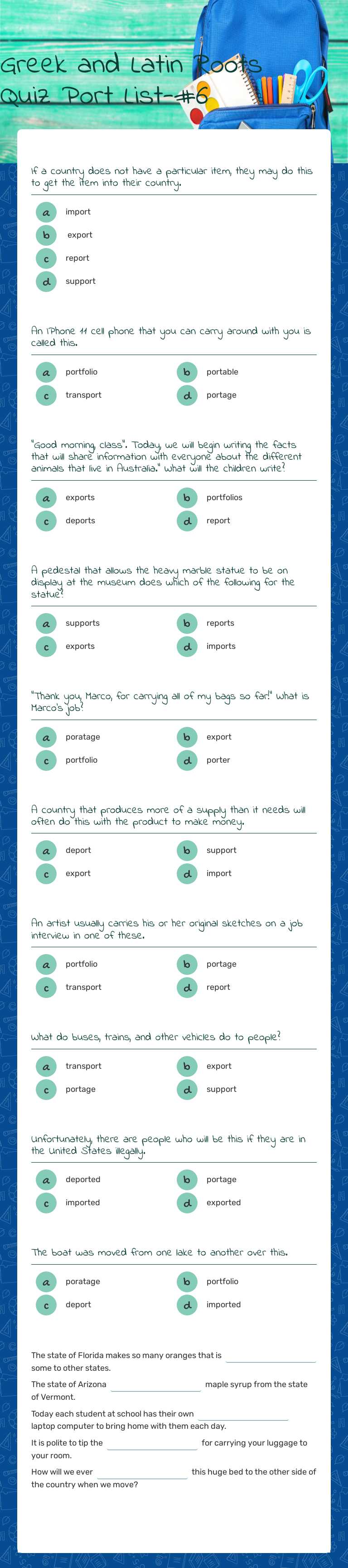Greek and Latin Roots Quiz   
 Port List-#6 worksheet preview image