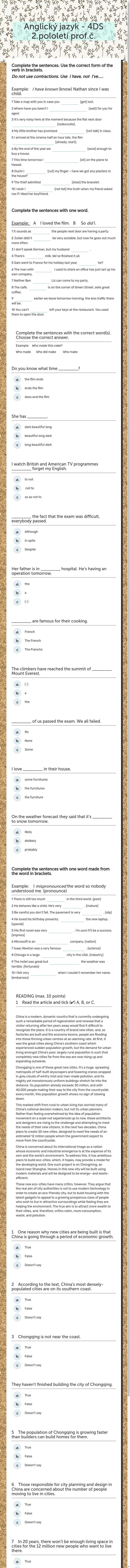Anglický jazyk - 4DS 2.pololetí prof.č. worksheet preview image