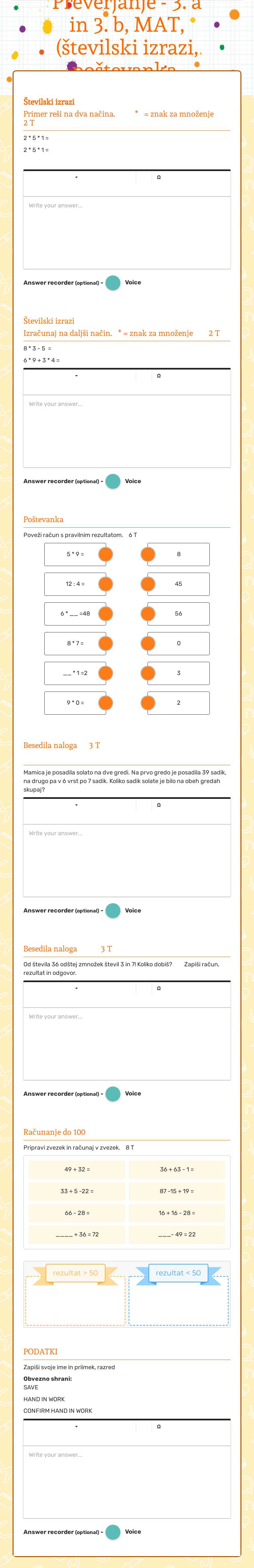 Preverjanje - 3. a in 3. b, MAT, (številski izrazi, poštevanka, računanje do 100) worksheet preview image