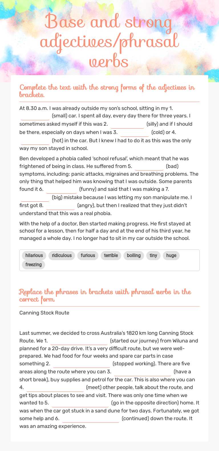 Base and strong adjectives/phrasal verbs worksheet preview