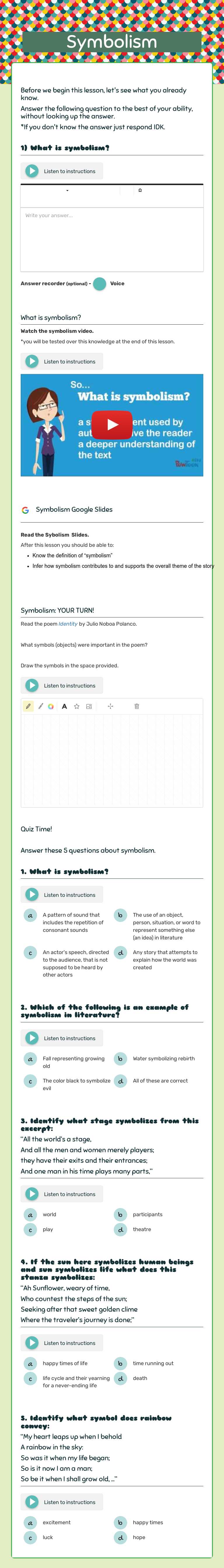 Symbolism worksheet preview image