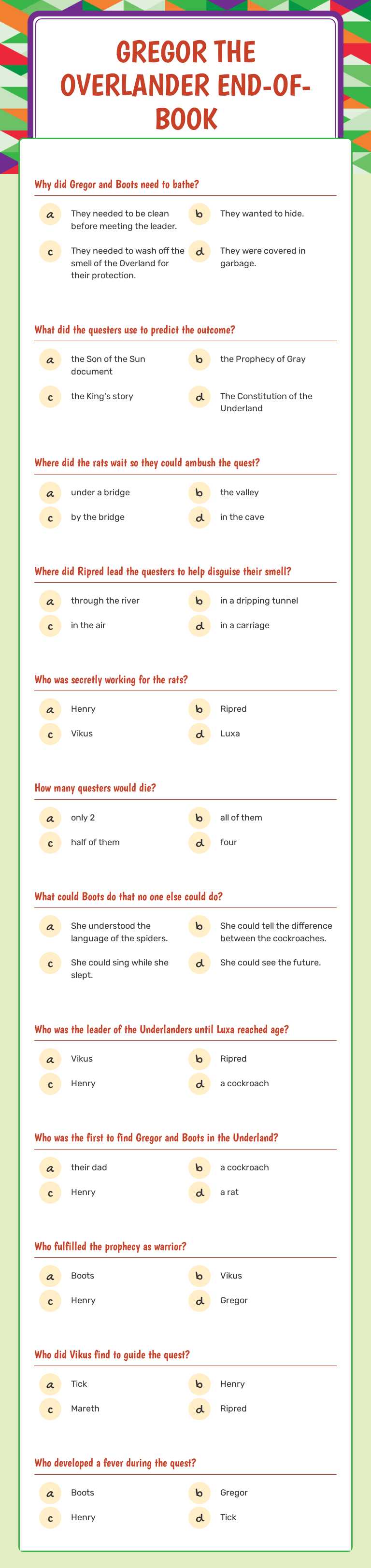 Gregor the Overlander End-of-book Grade 3 worksheet preview