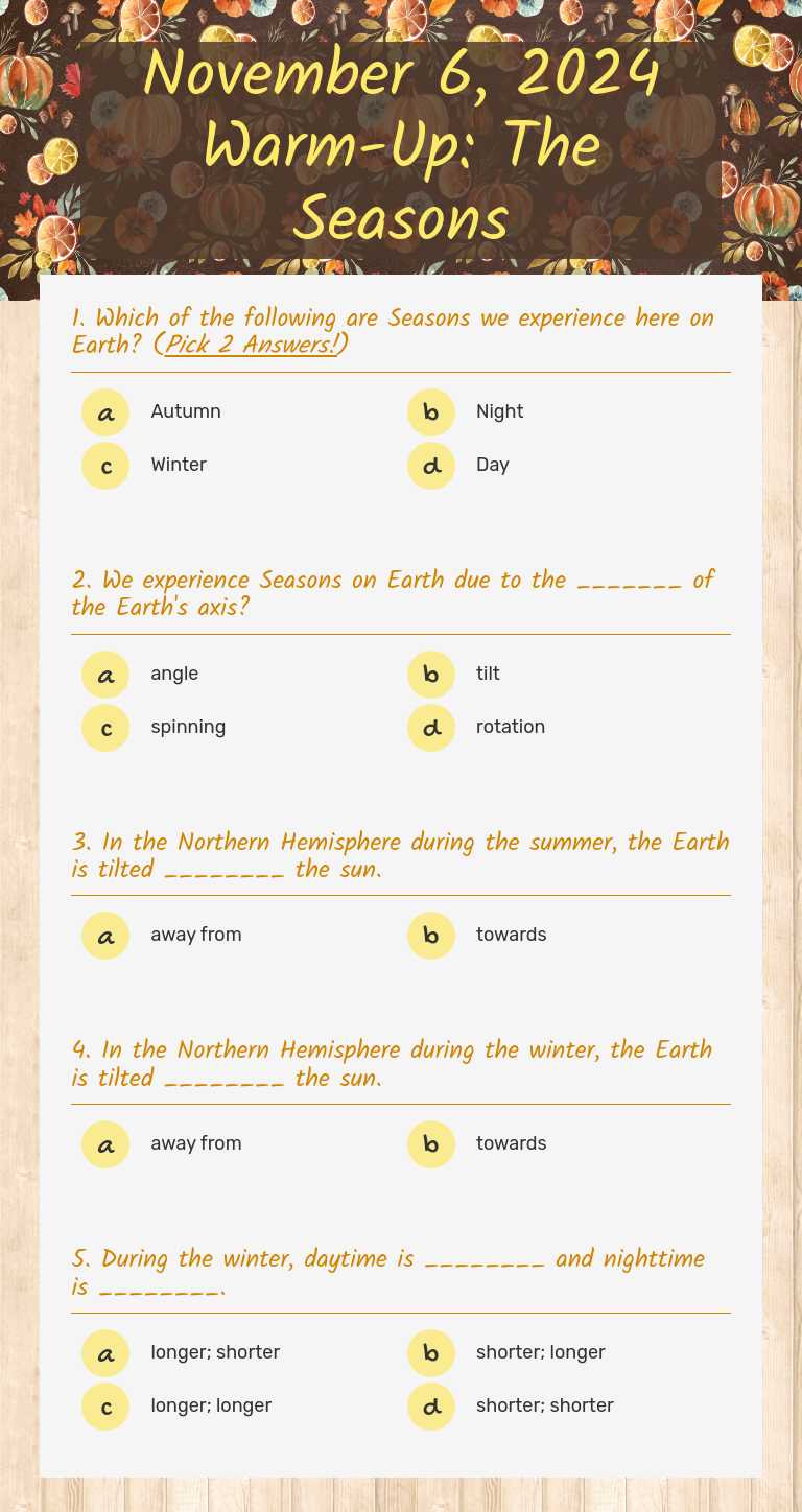 November 6, 2024 Warm-Up: The Seasons worksheet preview image
