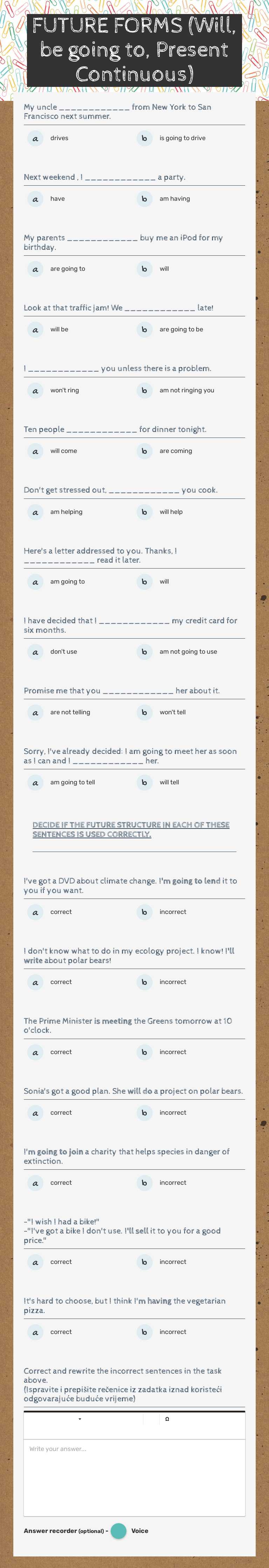 FUTURE FORMS 
(Will, be going to, Present Continuous) worksheet preview image