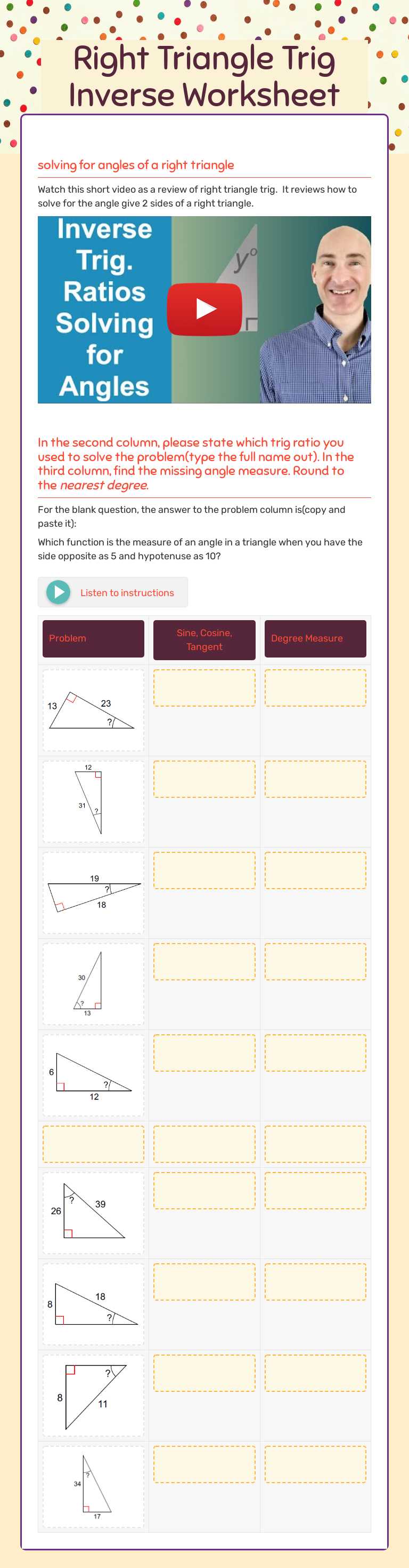 Right Triangle Trig Inverse Worksheet worksheet preview image