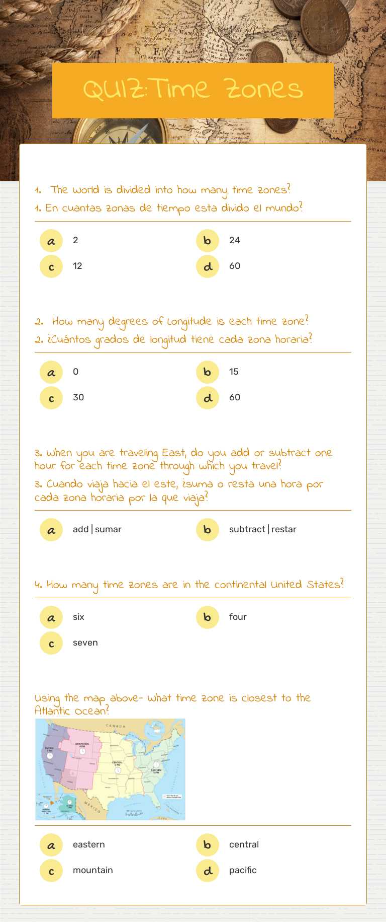 QUIZ:Time Zones by Nicole Canter | Interactive Worksheet | Wizer.me