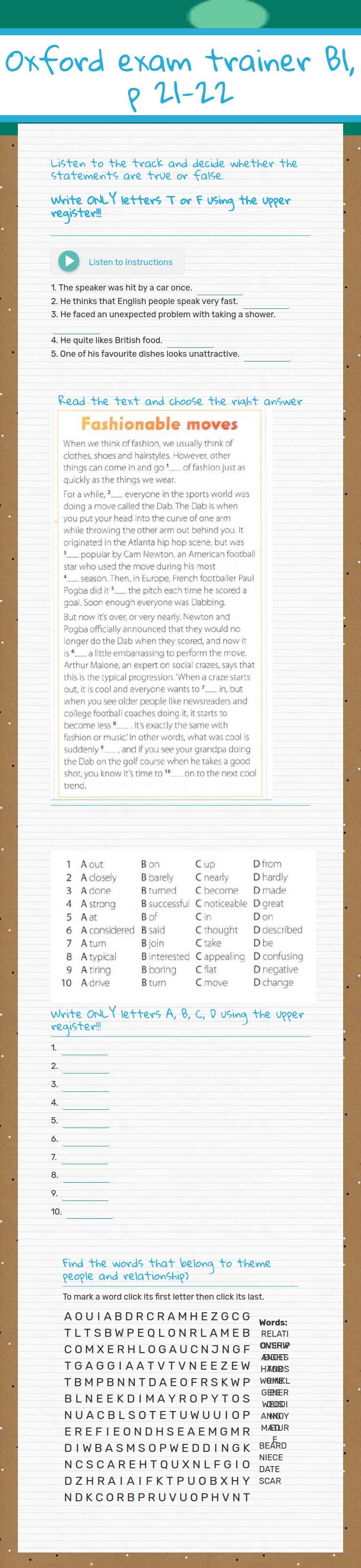 Oxford exam trainer B1, p 21-22 worksheet preview image