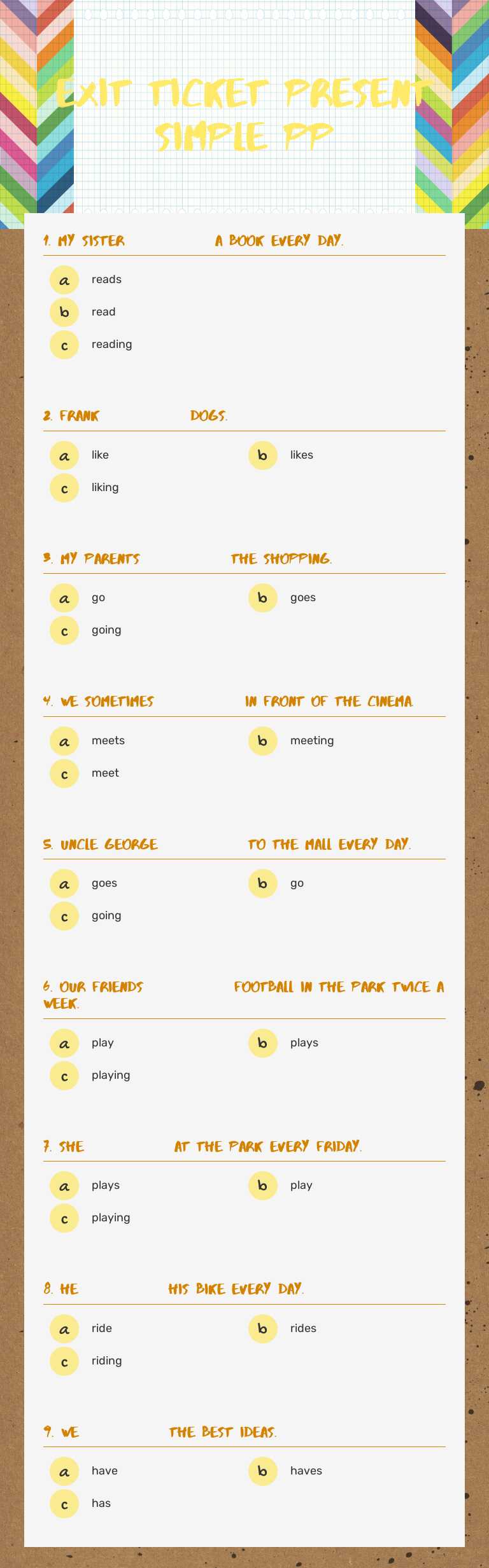 exit ticket Present simple PP worksheet preview image