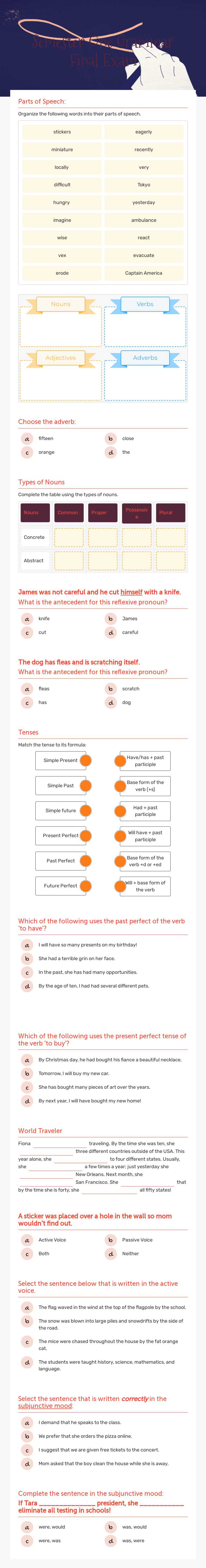 Semester One Grammar Final Exam worksheet preview image