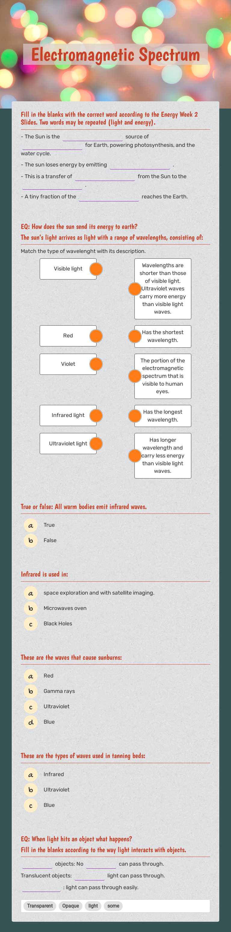 Electromagnetic Spectrum worksheet preview image