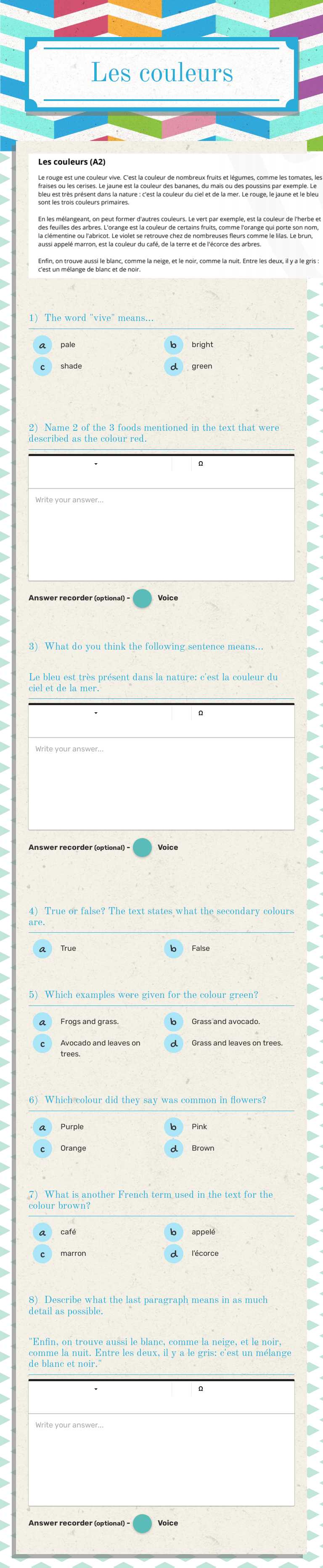 Les couleurs Grade 7 worksheet preview
