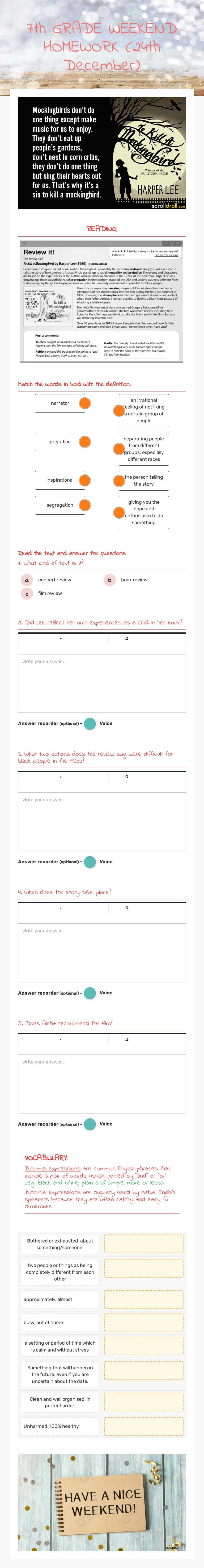 7th GRADE WEEKEND HOMEWORK (24th December) worksheet preview
