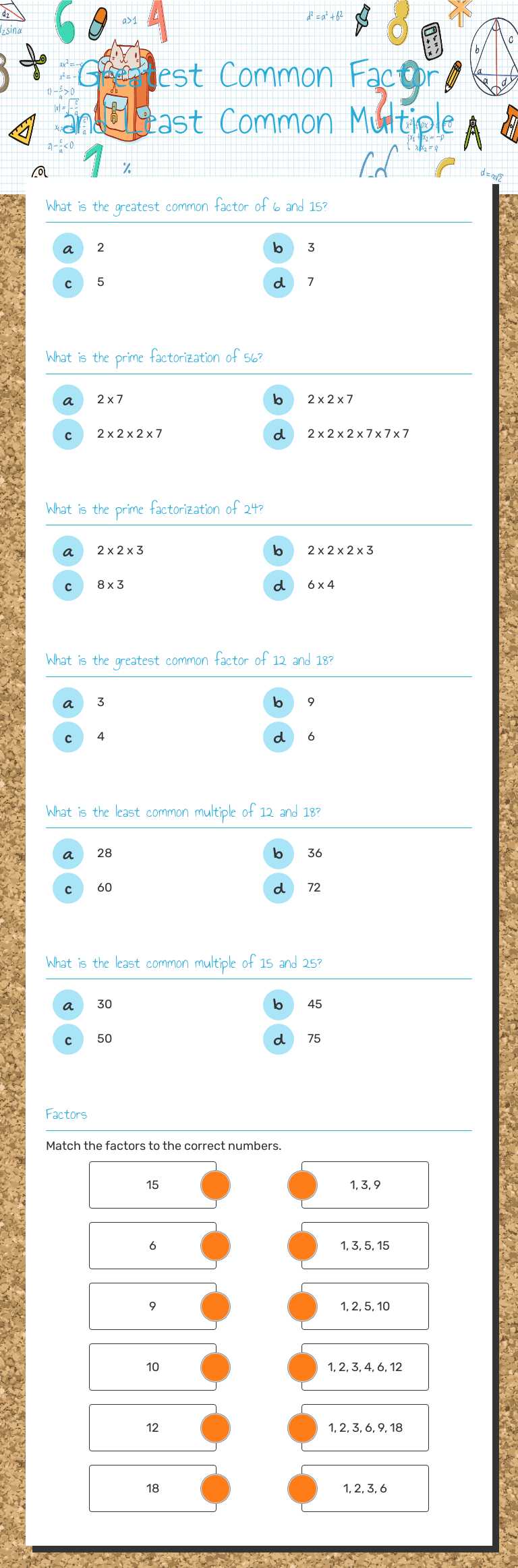 Greatest Common Factor and Least Common Multiple worksheet preview image