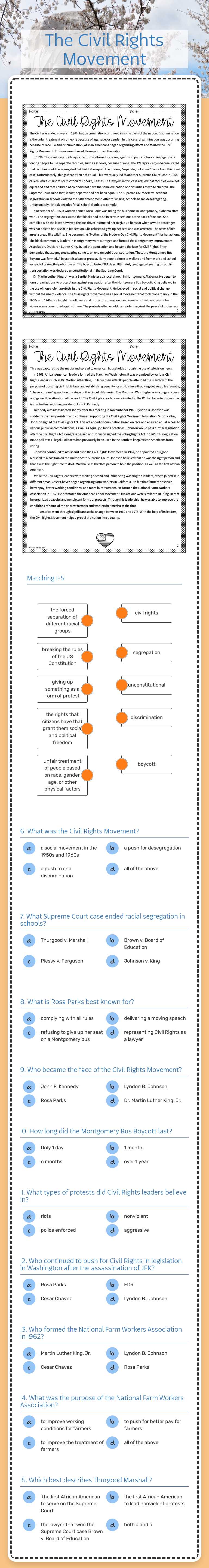 The Civil Rights Movement worksheet preview image