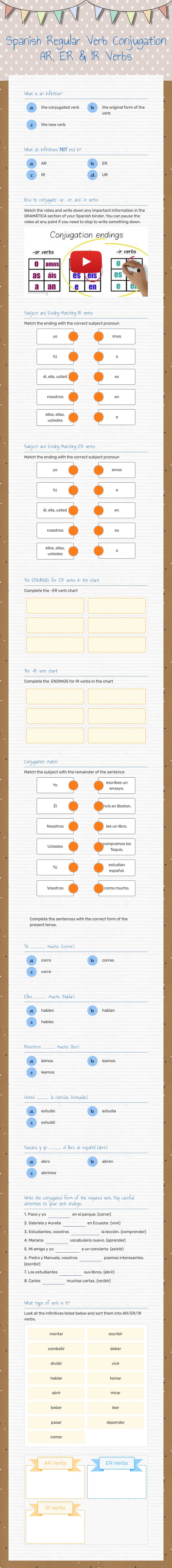 Spanish Regular Verb Conjugation
AR, ER & IR Verbs worksheet preview image